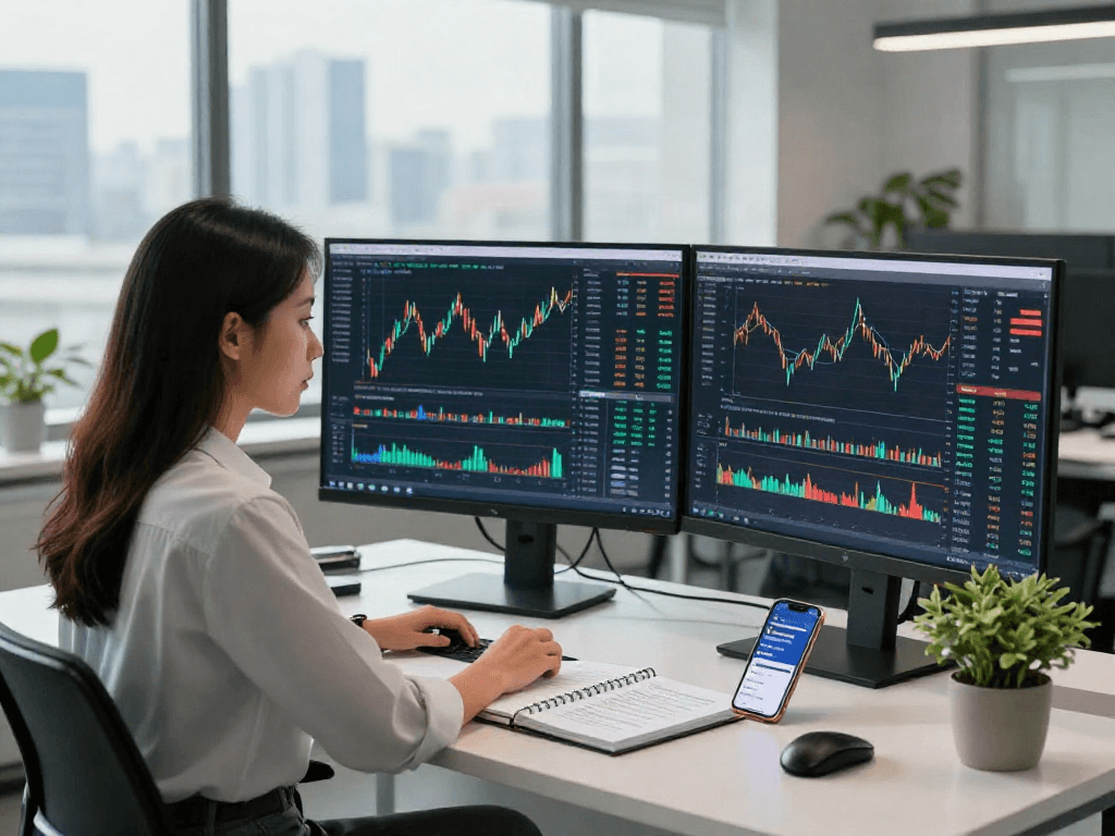 Analizando bitcoin a dolar en oficina moderna con pantallas y tendencias de criptomonedas.