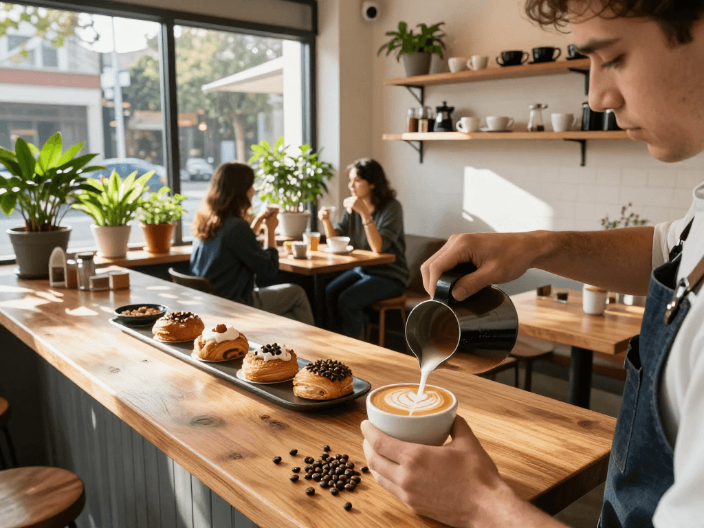 Barista pouring latte art in a vibrant café showcasing rokok 88 coffee culture.