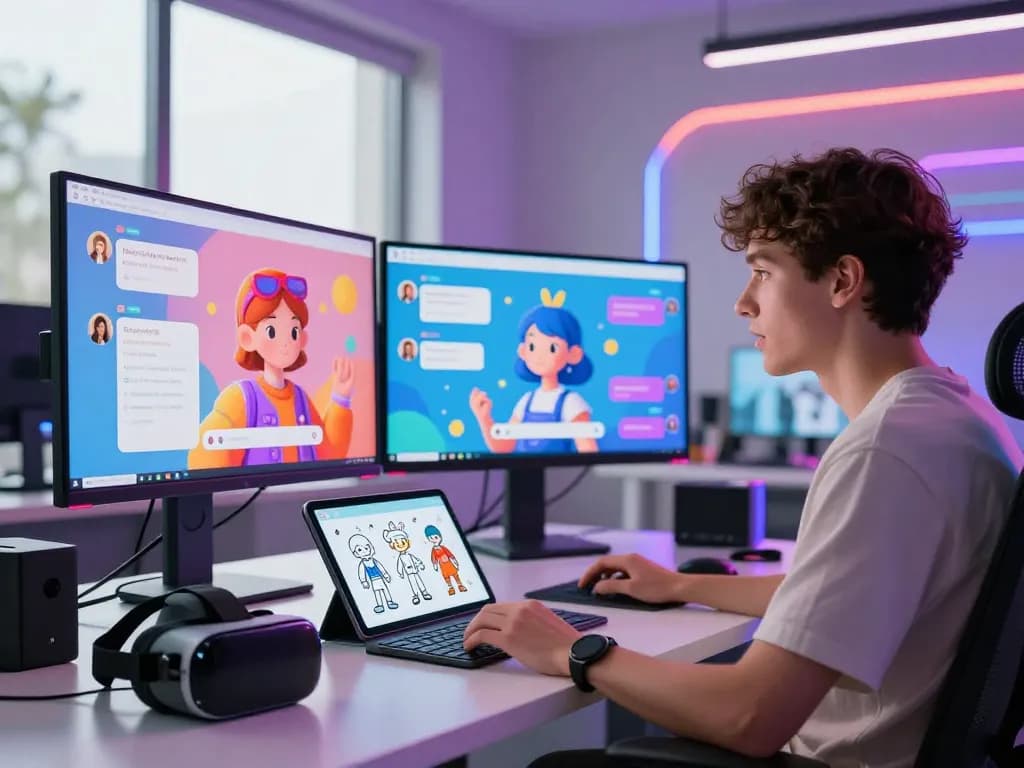 Engaging scene with spicy AI interaction at a modern workstation, featuring vibrant screens and playful animations.