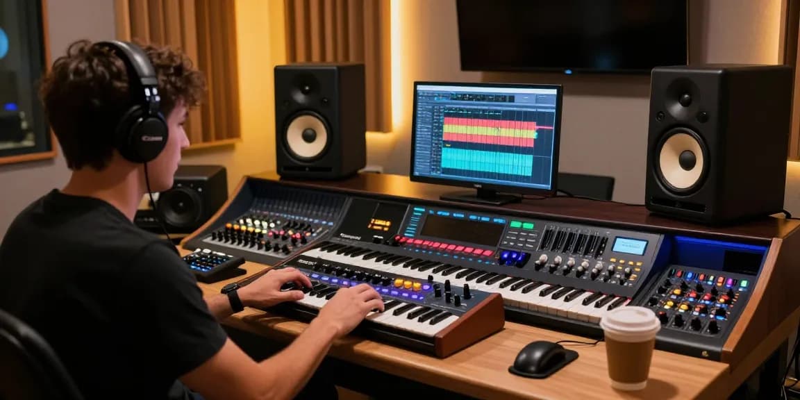 Sound engineer using SC88 sound module in a modern audio studio setup with vibrant equipment.