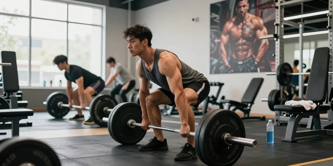 Atleta fuerte levantando pesas en el gimnasio de fitness de Esteroidesshop, enfocándose en el culturismo y el entrenamiento de fuerza.