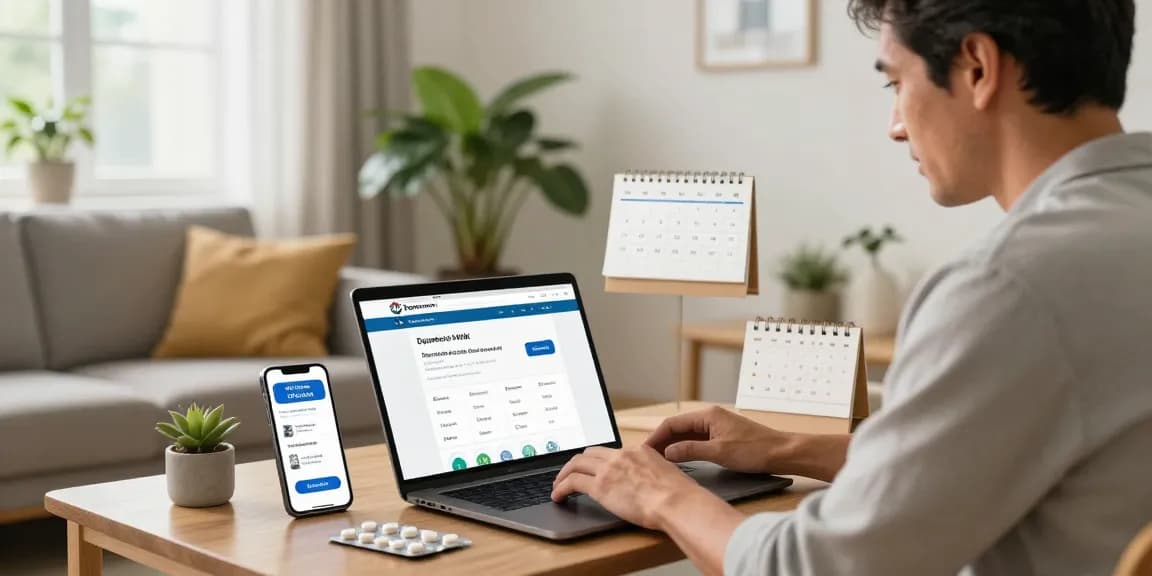 Buying online medications like comprar viagra españa in a modern pharmacy setting, as a man explores options on his laptop.