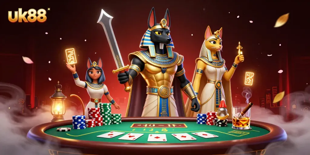 Join the thrilling action at uk88 with Anubis and Bastet in this vibrant casino scene filled with poker excitement.