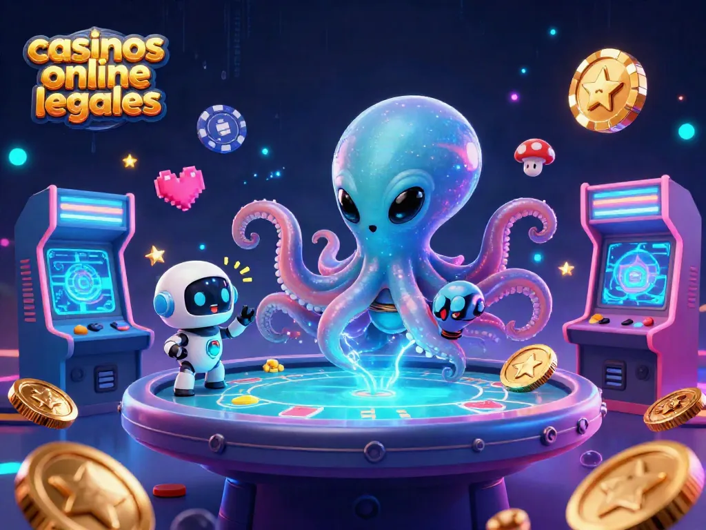 Ilustración de un pulpo espacial en una mesa de póker holográfica de casinos online legales.