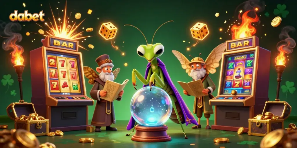 Experience the thrill of dabet with a dynamic 3D scene featuring casino elements and mystical characters.