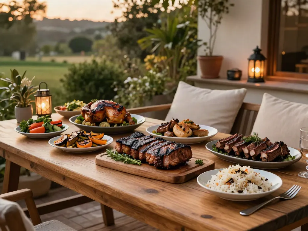 Delicious rokok88 login menu featuring grilled meats and vibrant sides set on a rustic outdoor table, inviting dining atmosphere.