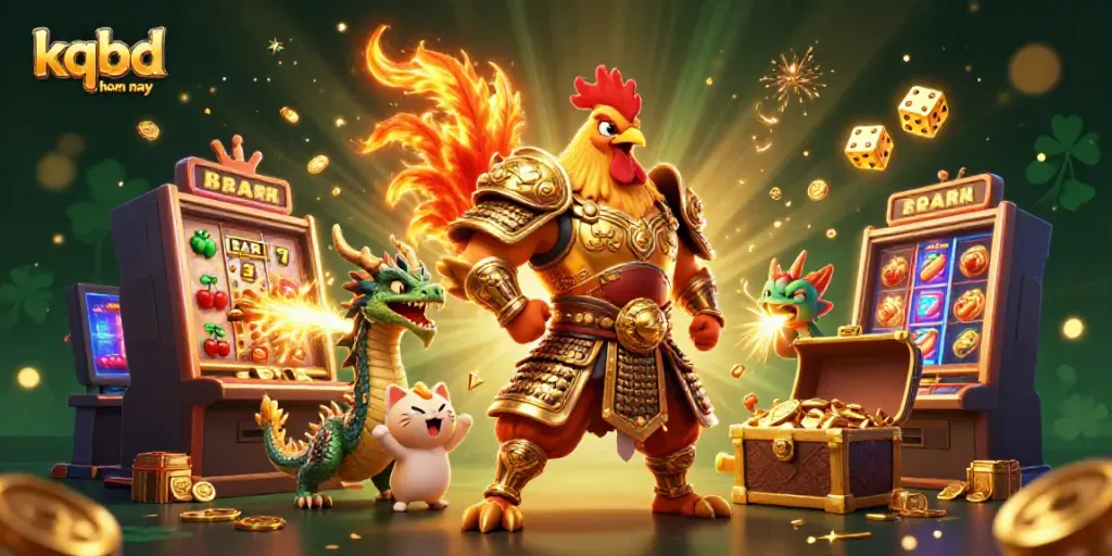 Experience exciting kqbd hom nay action featuring cartoon rooster warriors and animated casino elements.
