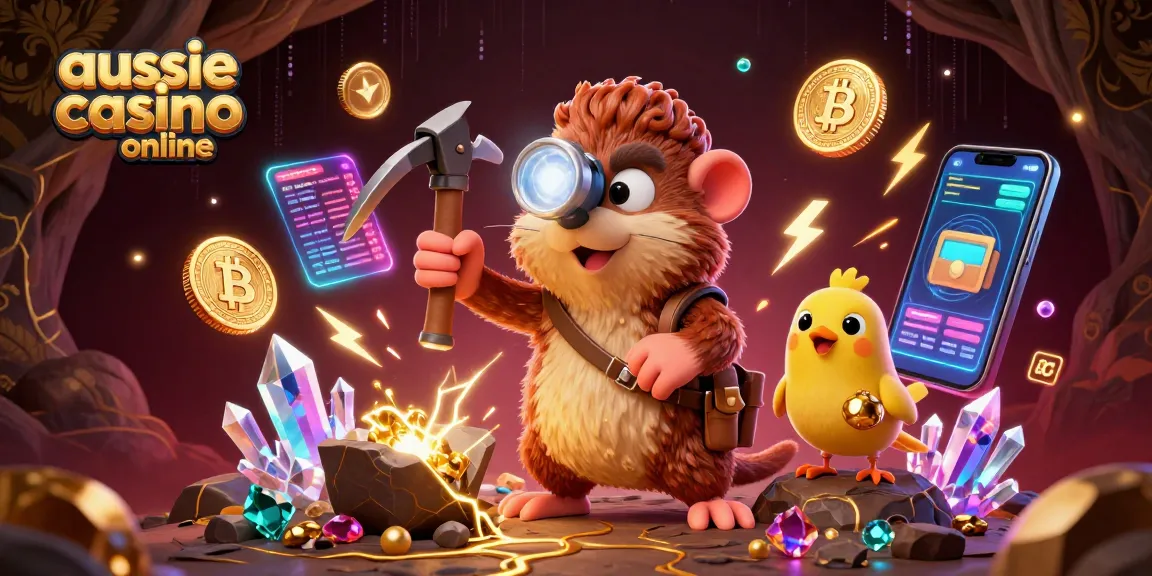 Experience the excitement at aussie casino online with treasures and crypto-themed 3D illustration.