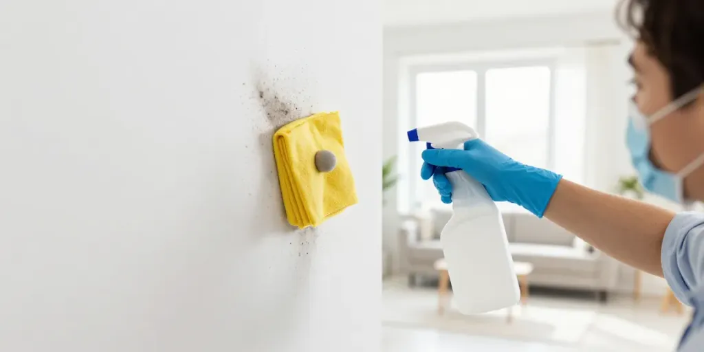 limpieza y desinfección de moho en Barcelona, persona limpiando moho de la pared en sala luminosa