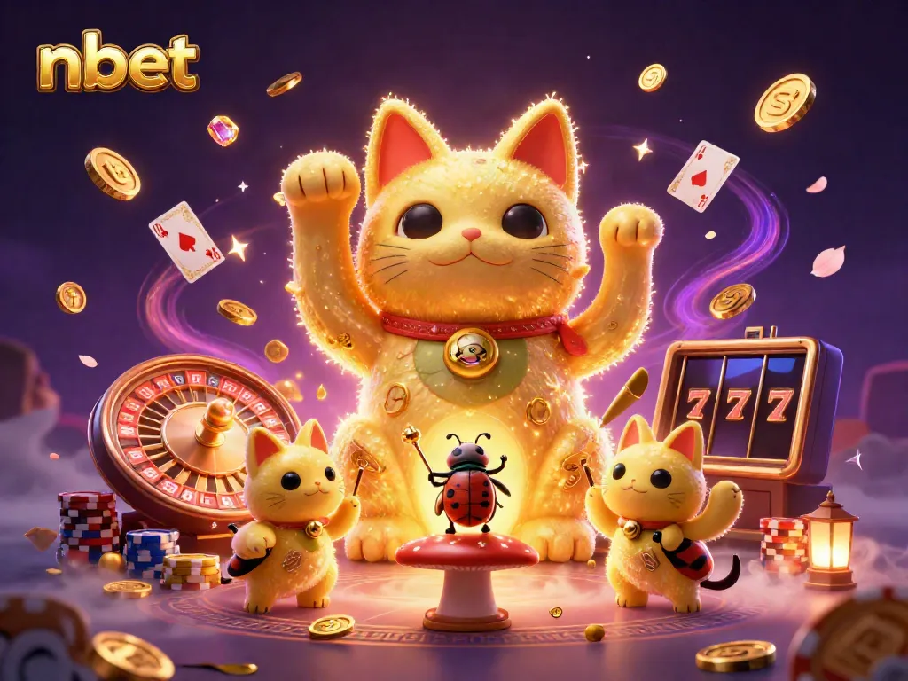 Engage with the vibrant nbet casino experience featuring a giant lucky cat and dynamic gaming symbols.