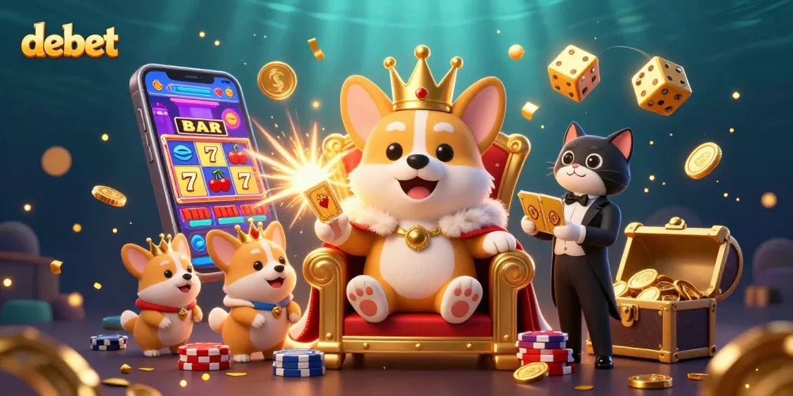Experience the thrill of debet with a royal corgi and golden treasures in a dynamic casino scene.