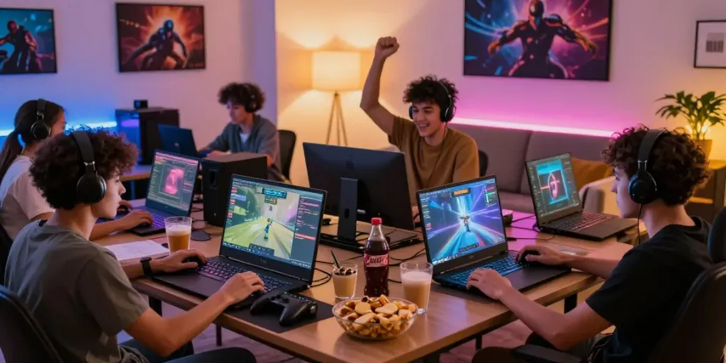 Engaged players enjoying games from https://man88.hair/ in a lively living room.