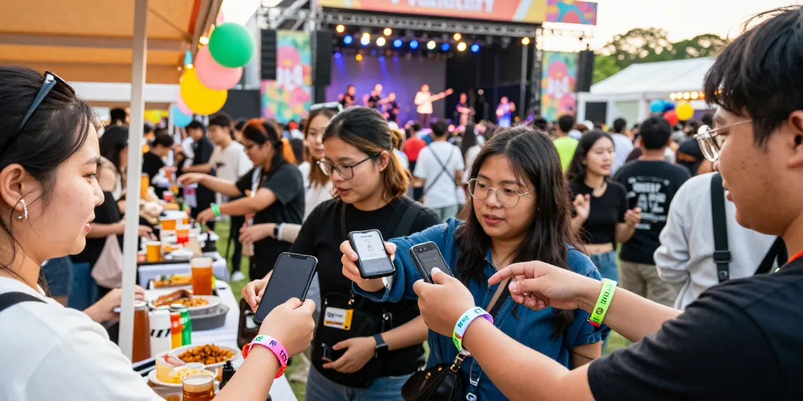 Attendees using RFID control de accesos wristbands at a lively festival, enhancing access and cashless payments.
