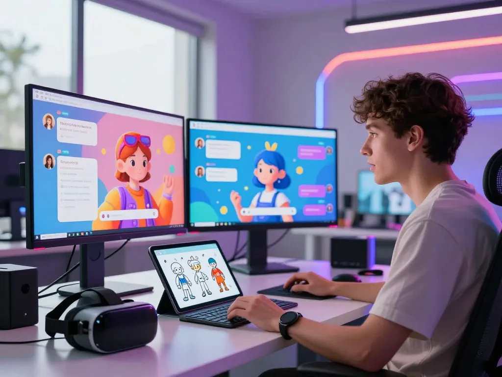 Engaging scene with spicy AI interaction at a modern workstation, featuring vibrant screens and playful animations.