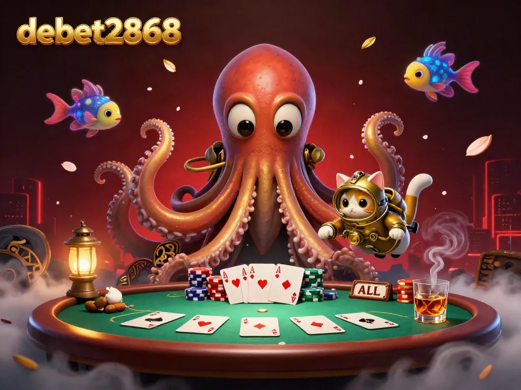 Engaging scene showcasing debet2868 with a kraken and diving cat at a poker table, capturing excitement.