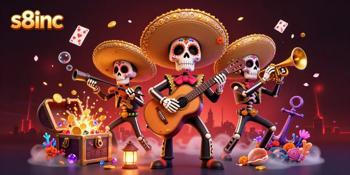 Experience thrilling gameplay at s8inc with colorful Day of the Dead mariachi band and dynamic casino elements.