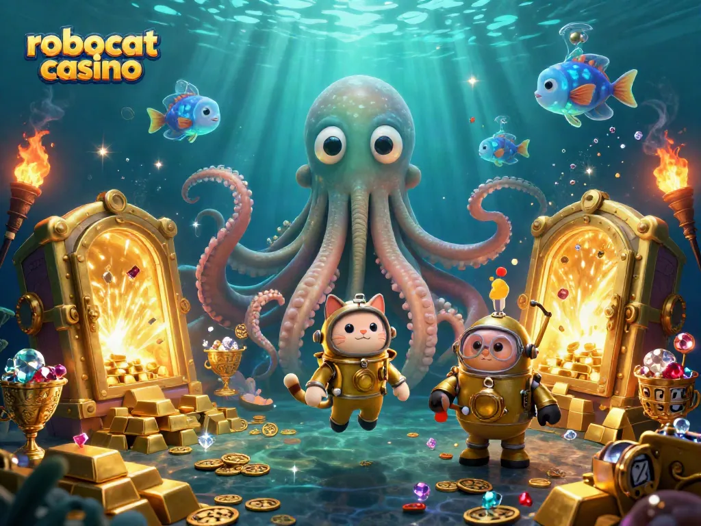 Play exciting games at robocat casino with a kraken, diving cat, and treasure-filled adventure!