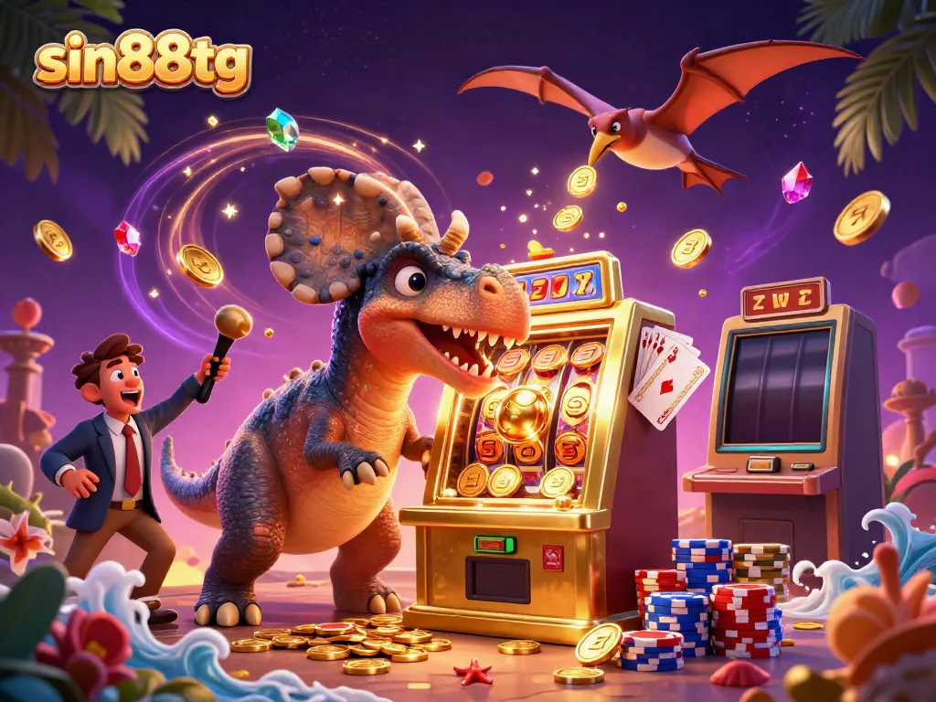 Experience big wins at sin88tg with a pachycephalosaurus and golden slot machine in this vibrant casino scene.