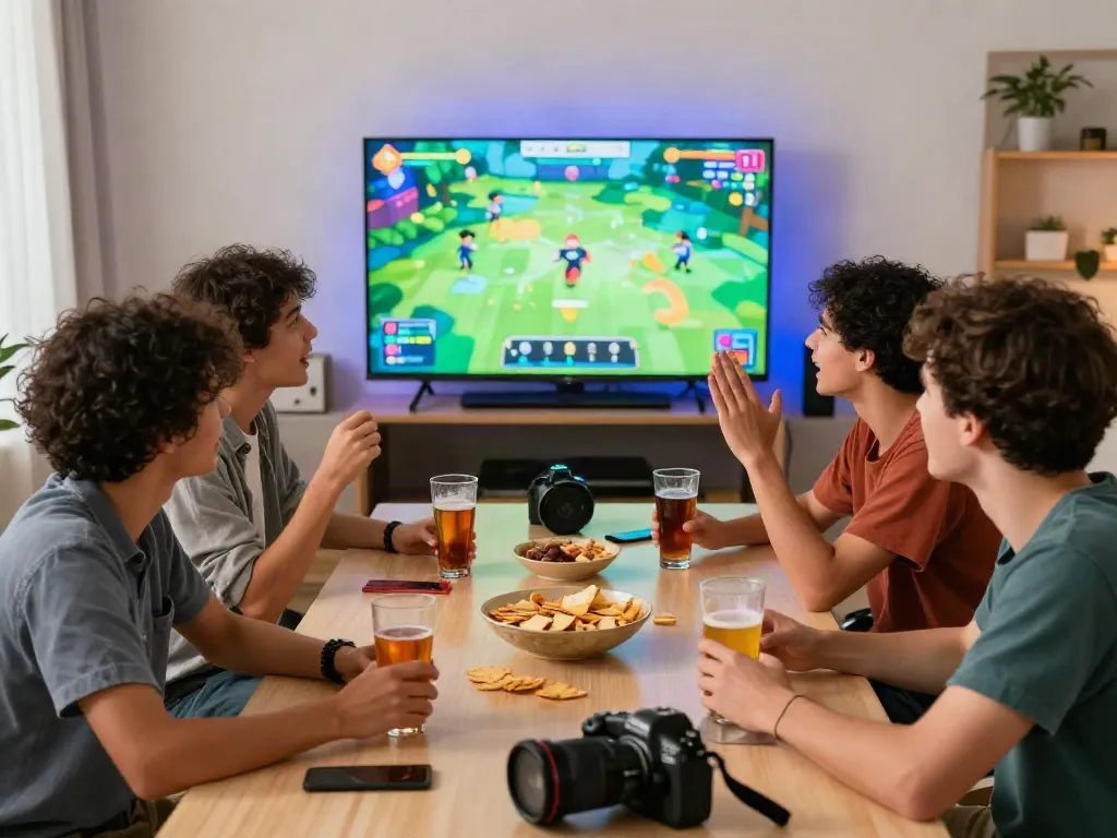 Engaging gaming session analyzing rokok88 apk patterns among friends in a vibrant room setup.