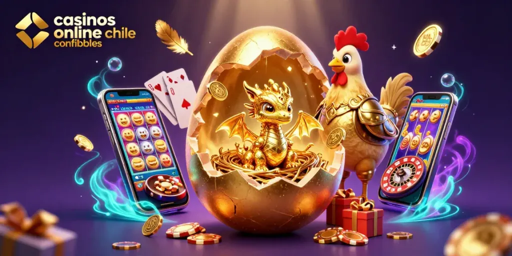 Superior tragamonedas y cartas en un entorno dorado, representando casinos online chile confiables al jugar con estrategia.