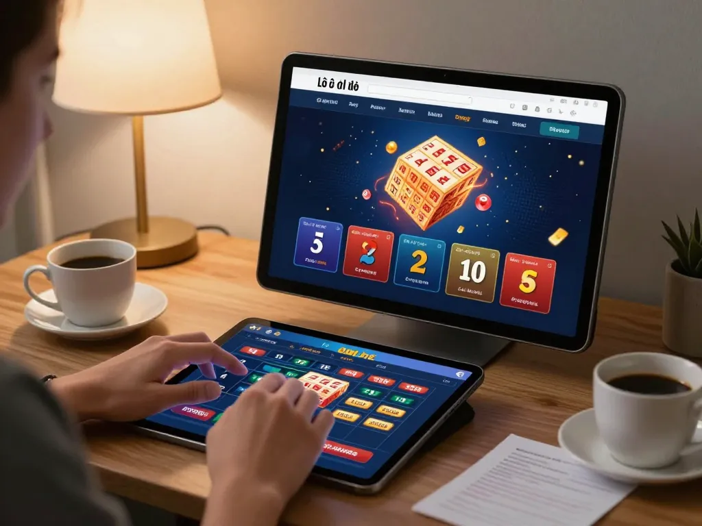 Engaging player using lô đề online on a tablet, showcasing modern betting interface and cozy atmosphere.