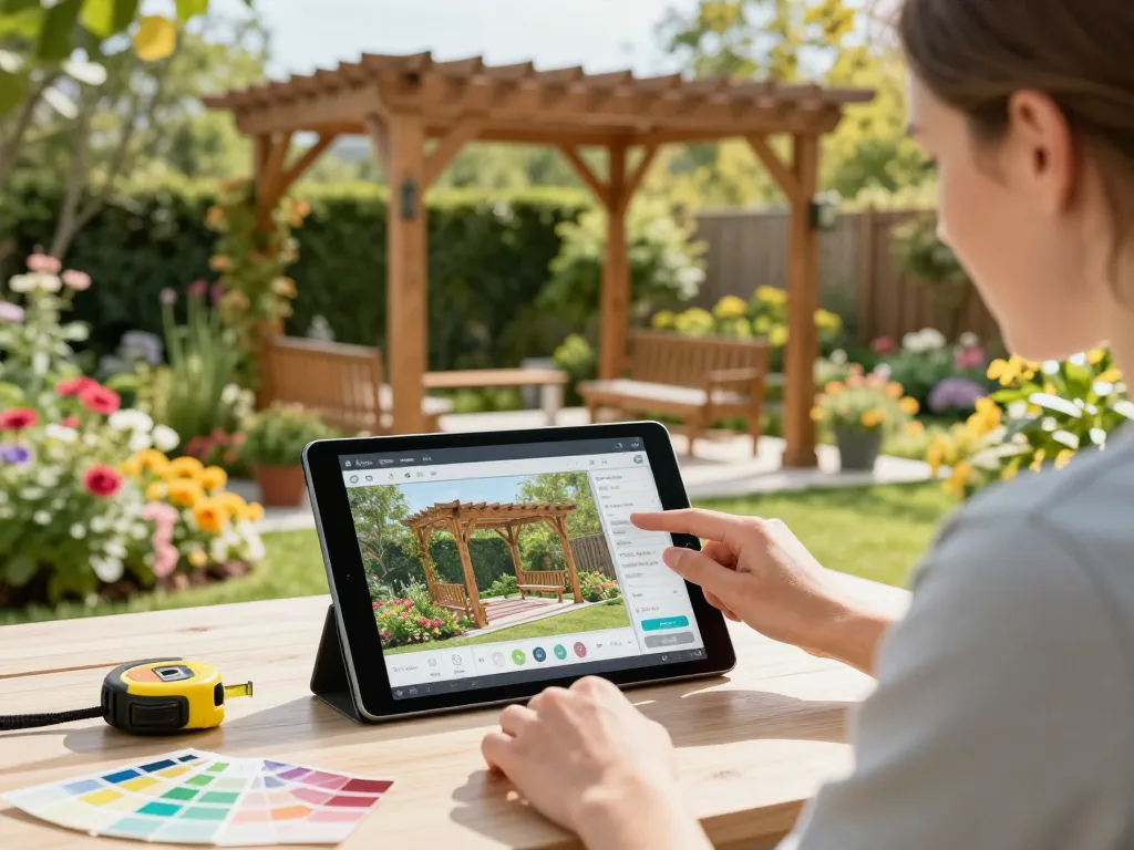 Diseñando una pérgola 3D personalizada con el configurador de pérgolas en 3D en un jardín vibrante.
