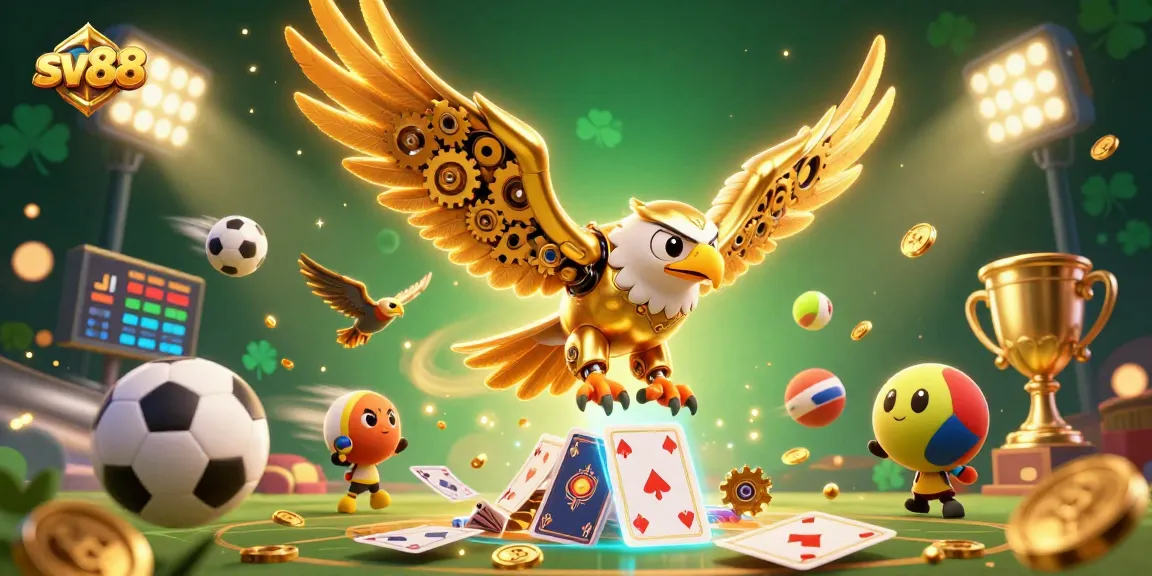 Engage with the action at sv88 as a golden eagle dives through holographic cards, capturing the excitement of sports betting.