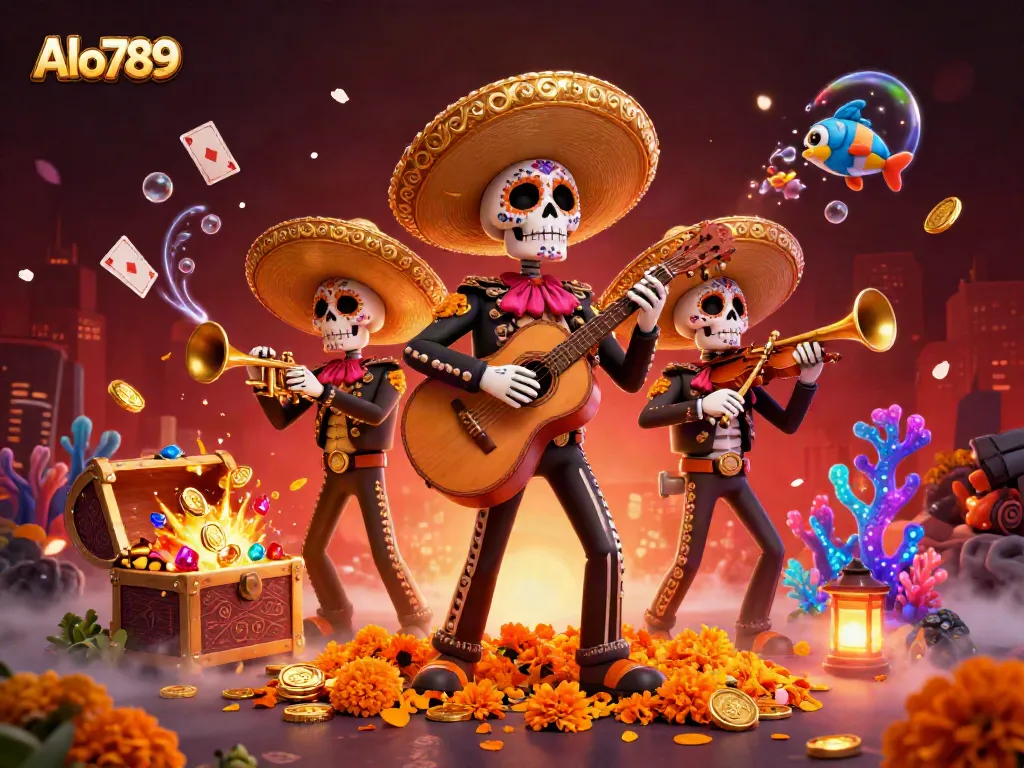 Alo789 vibrant scenes feature a Dia de los Muertos mariachi band amidst gold coins and games.