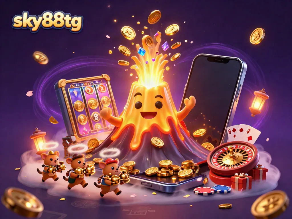 Engage with sky88tg as the golden volcano erupts treasures amidst exciting casino elements.