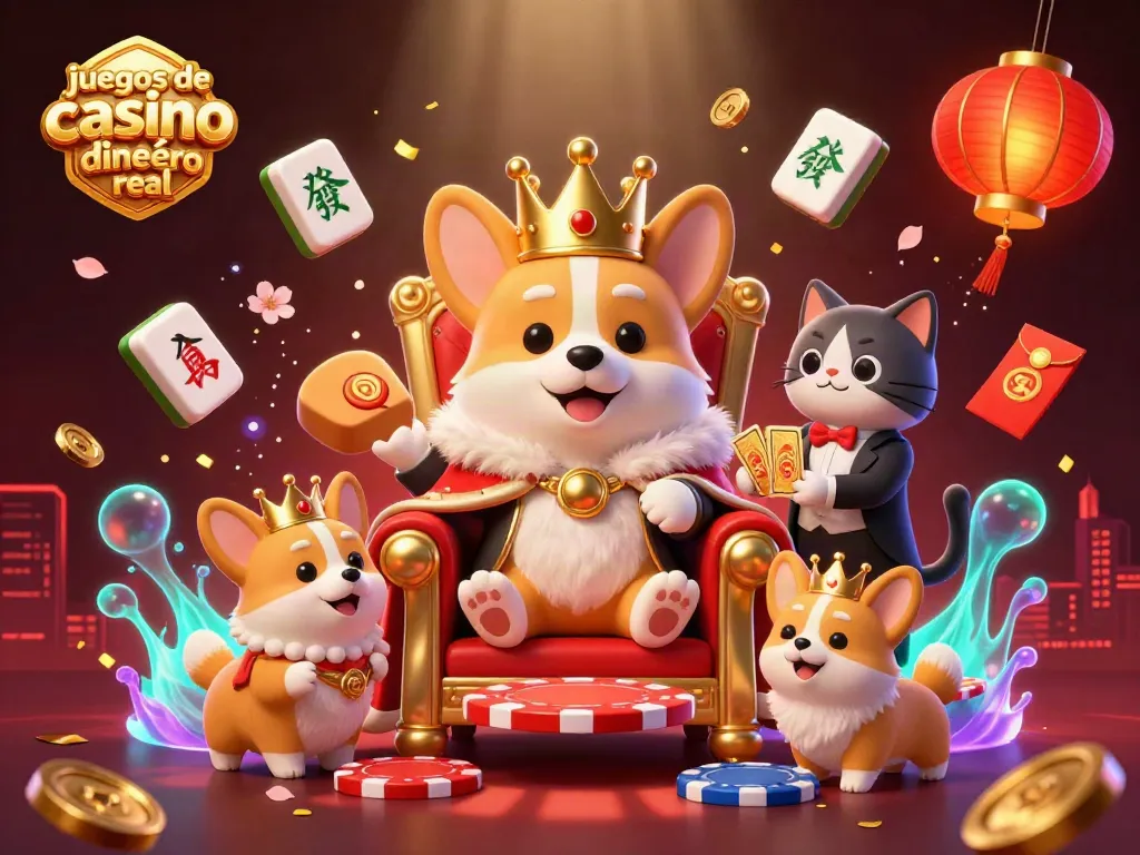 Disfruta de juegos de casino dinero real con un corgi real en un trono de fichas de póker y un gato mayordomo.