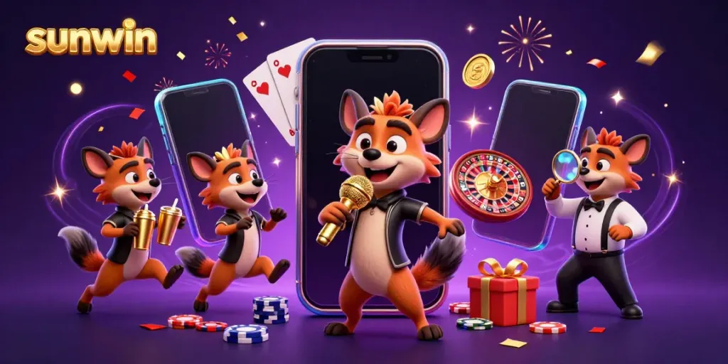 Sunwin hyenas in a casino, mixing drinks and telling jokes with vibrant slot games.