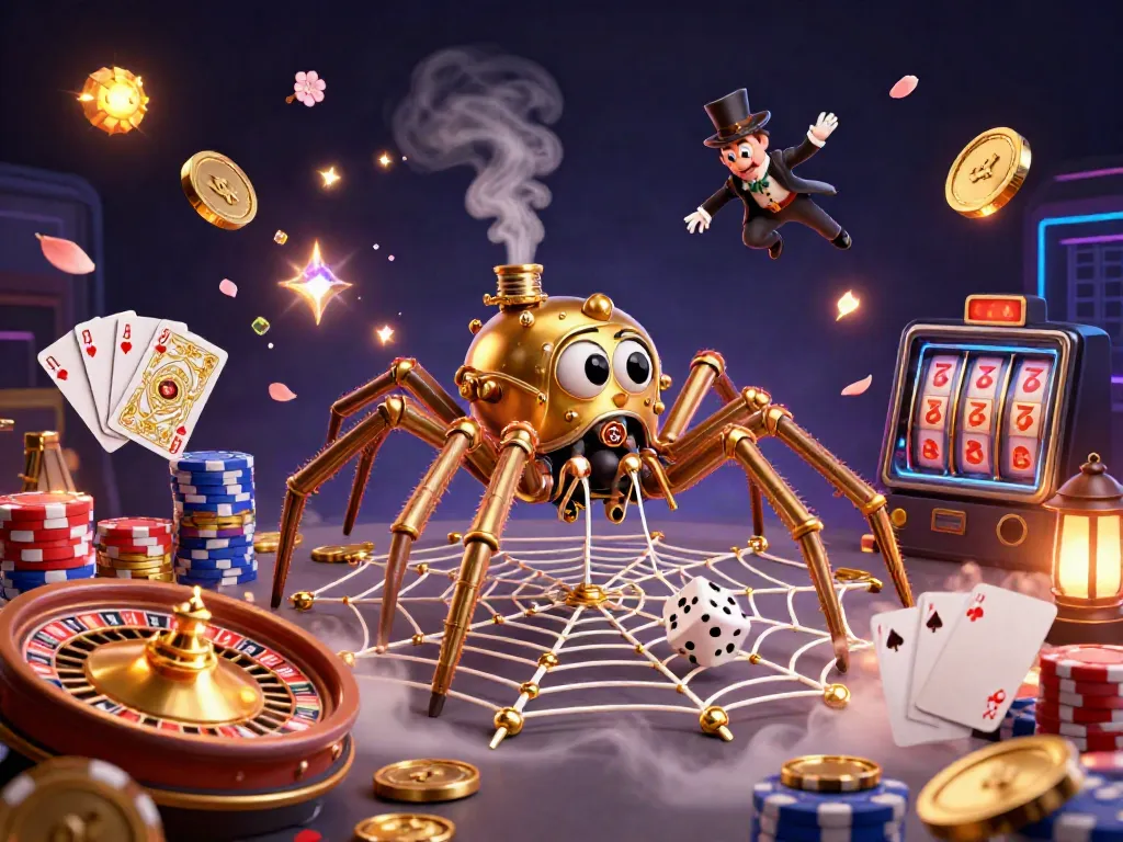 Experience the sun-themed 3D casino art with a steampunk spider, golden coins, and dynamic gambling elements.