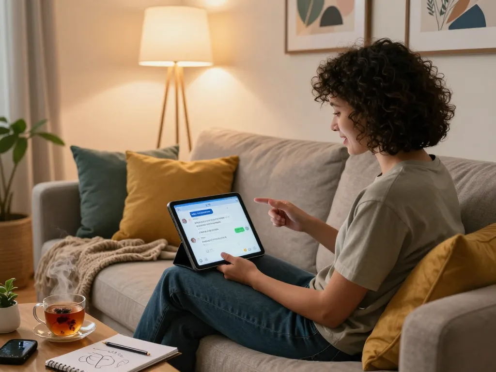 Engaging in NSFW chat within a cozy and inviting environment, featuring a person interacting with an AI character on a tablet.