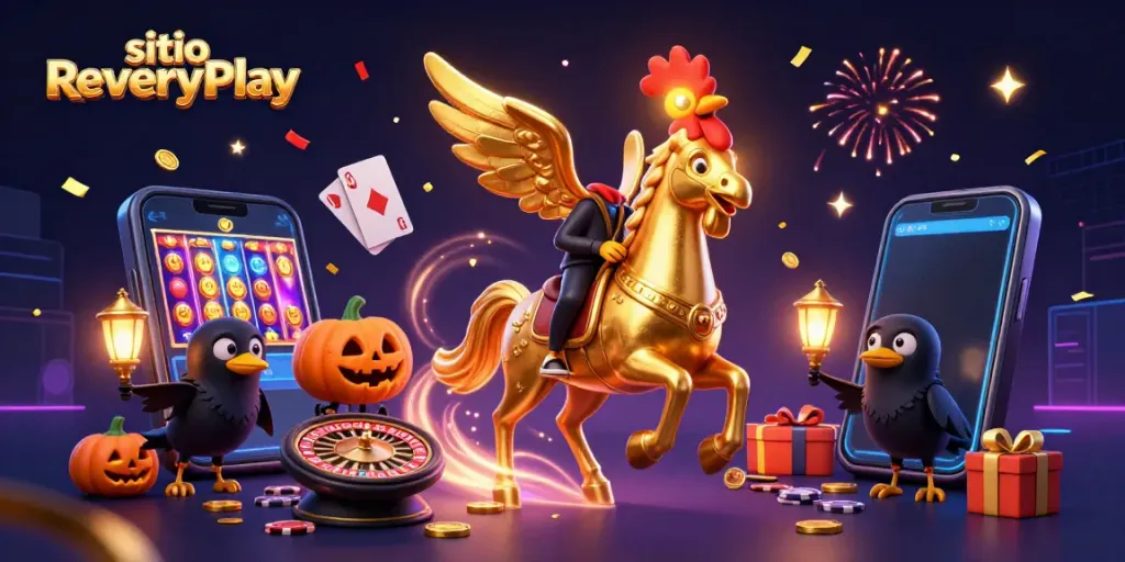 El sitio ReveryPlay ofrece una experiencia vibrante de casino con un gallo dorado y elementos dinámicos.
