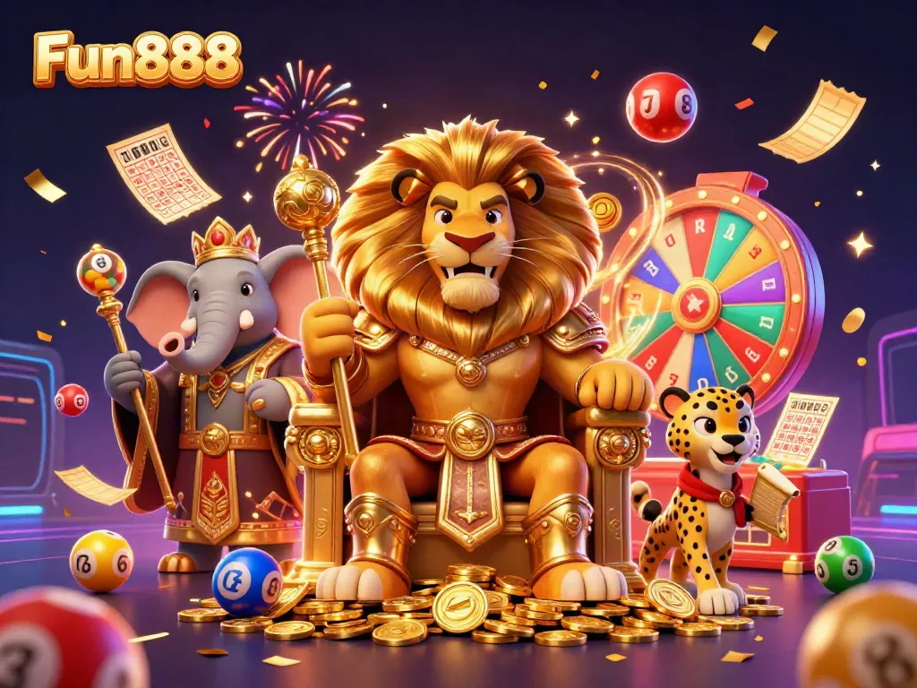 Experience excitement with Fun888 in this vibrant casino-themed 3D illustration featuring diverse gambling elements.