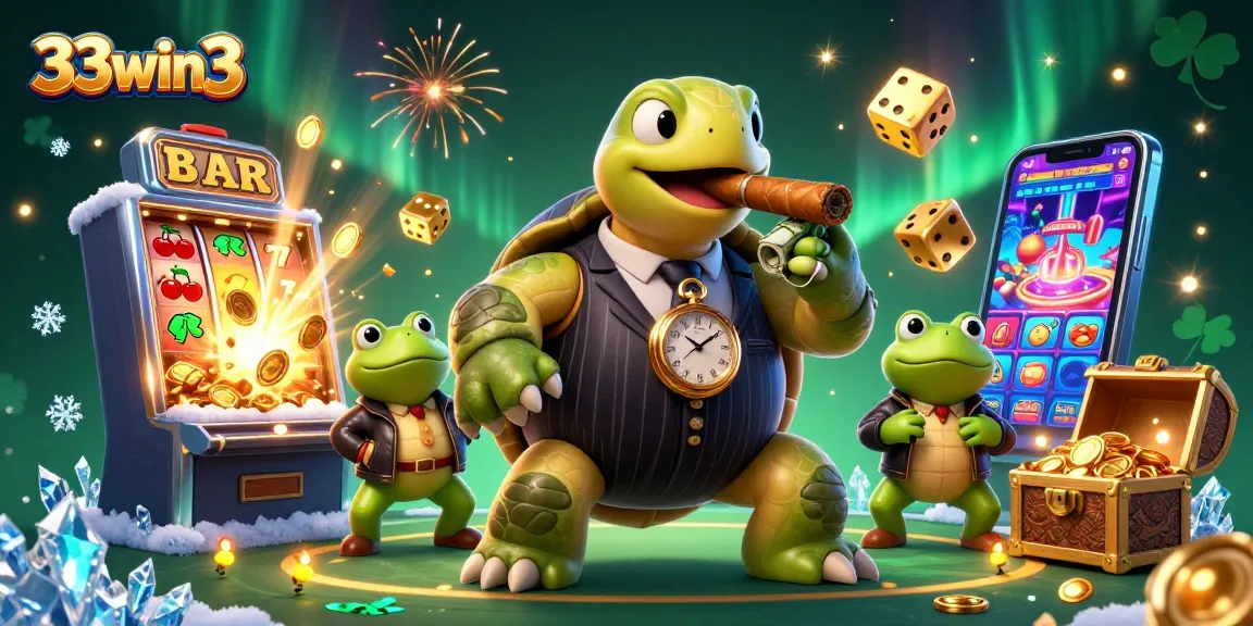 33win3 features a snapping turtle and bullfrog enforcers in a vibrant casino scene celebrating wins.