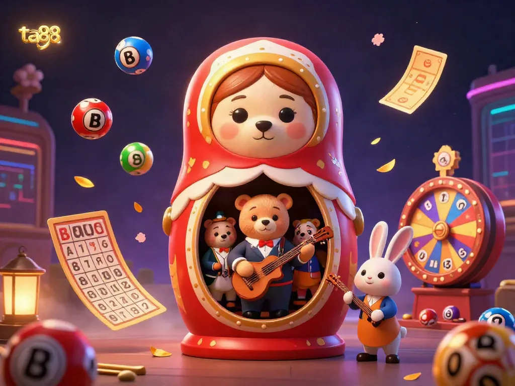 Experience thrilling lottery games with ta88 in this vibrant 3D casino scene featuring dynamic elements and festive characters.