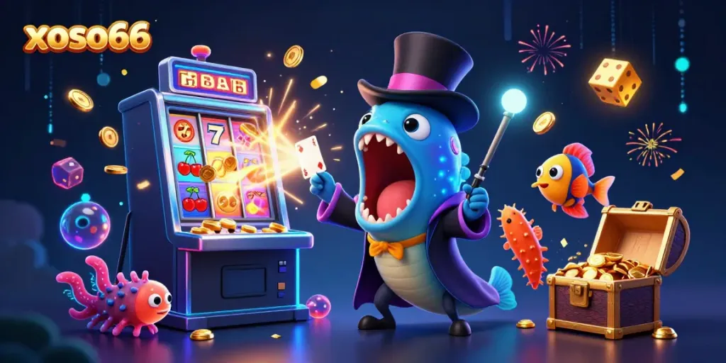 Engaging 3D casino scene showcasing xoso66 with vibrant characters performing magic tricks amidst a colorful slot machine