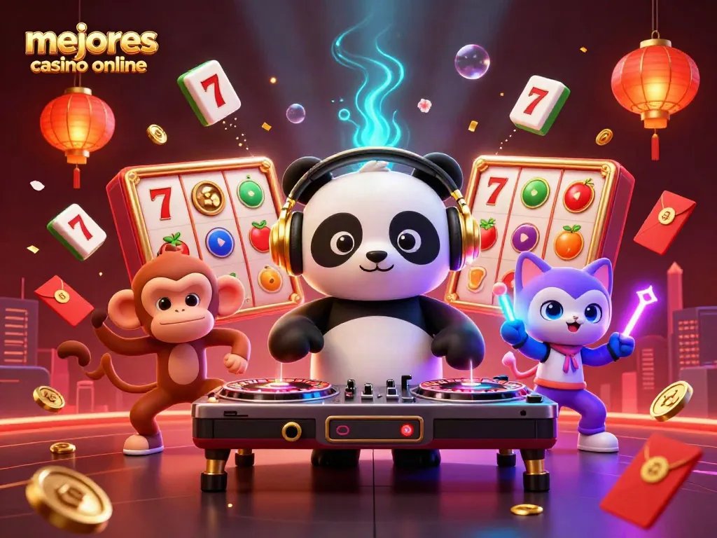 Disfruta de mejores casinos online con un panda DJ, un mono y un gato en la escena de casino.