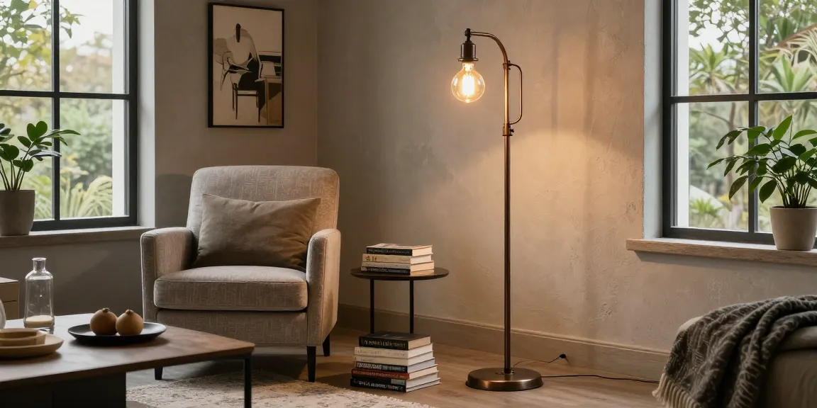 Cozy living room showcasing a stylish industrial floor lamp illuminating a reading nook.