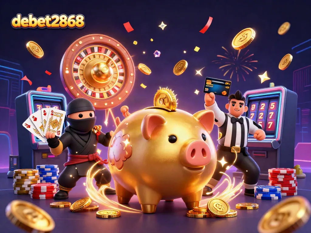 Experience exhilarating gameplay with debet2868 in this vibrant casino scene with golden coins and lucky elements.