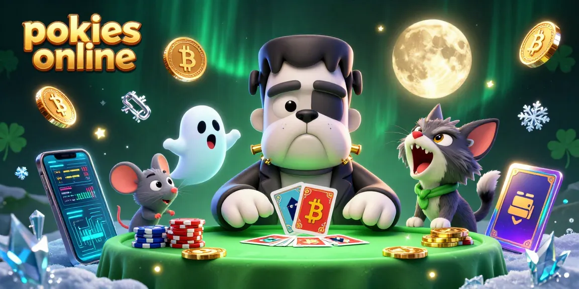 Engage with pokies online while a Frankenstein bulldog deals cards at a spooky table.