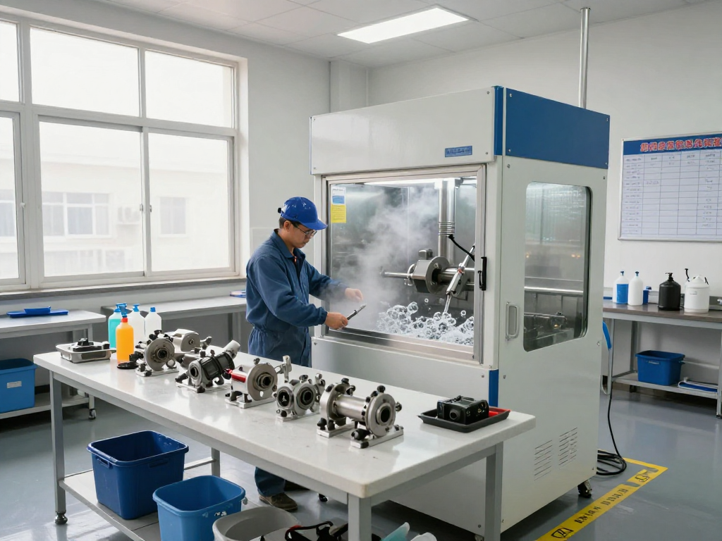 Cabina de lavado de piezas en un taller industrial con un técnico trabajando.