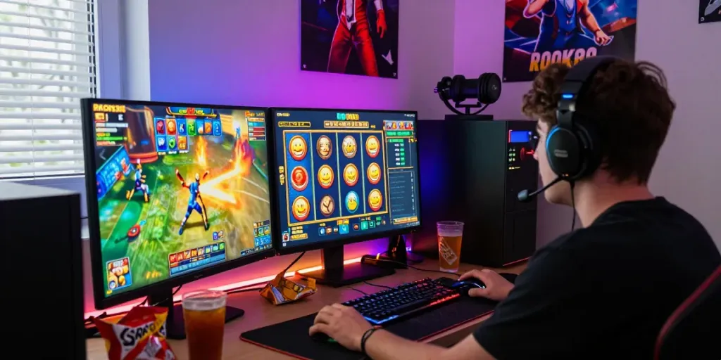 Player enjoying a rokok88 slot game at a vibrant gaming desk with accessories.
