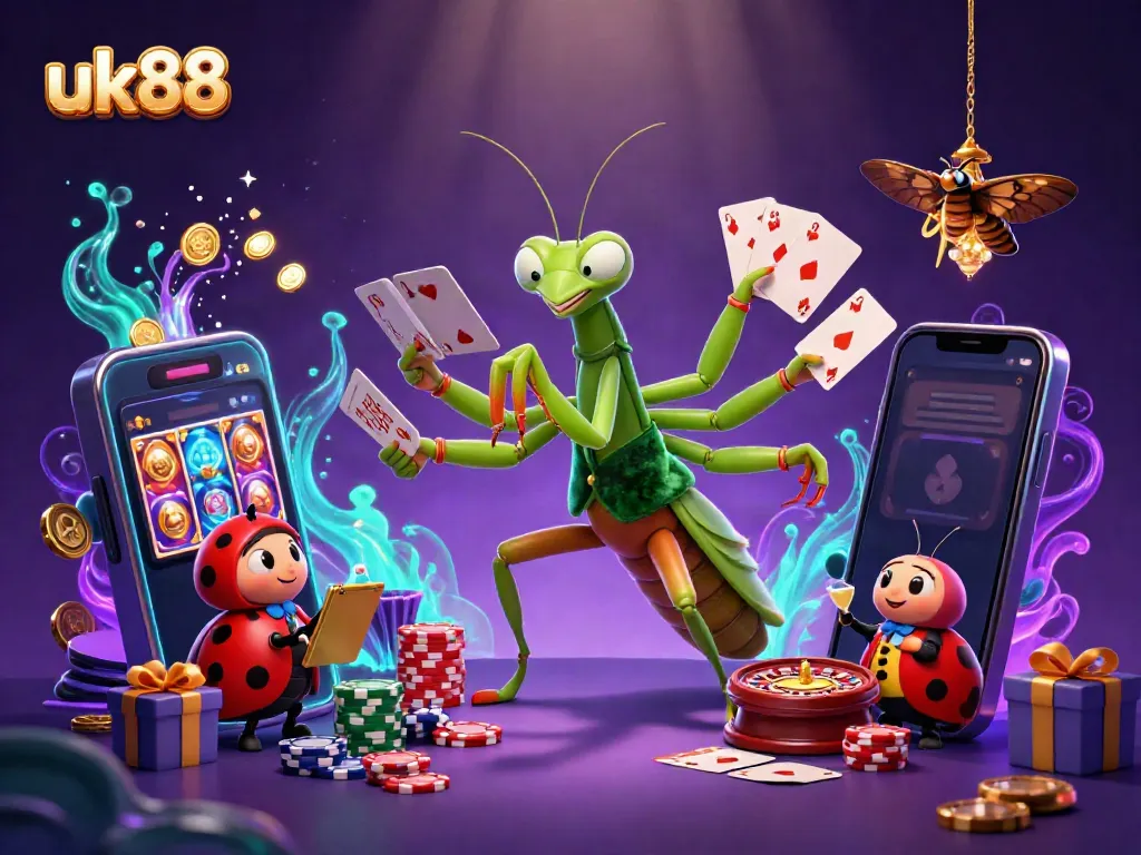 Experience the thrill of playing slots and casino games at uk88 with vibrant illustrations featuring unique casino characters.