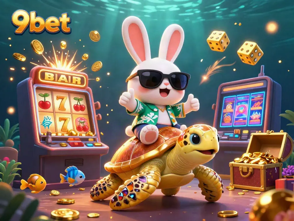 Engage with 9bet's thrilling gaming experience as a cartoon rabbit rides a golden turtle amidst a jackpot explosion.