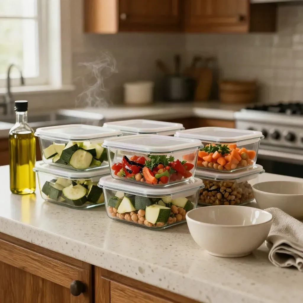 Tuppers de meal prep con verduras y aceite de oliva en una cocina cálida.