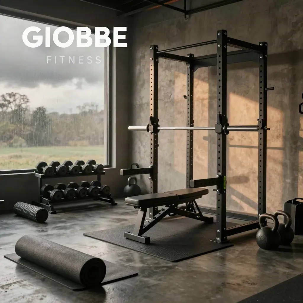 Estudio premium de entrenamiento con rack, banco, mancuernas y esterilla bajo luz dramática.