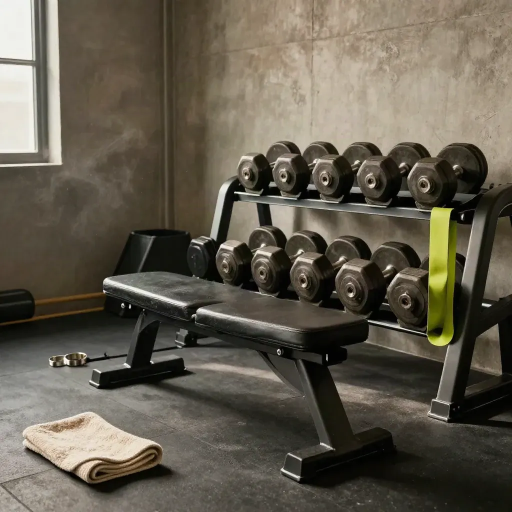 Zona de entrenamiento con rack, banco y mancuernas; suelo de goma y luz cálida lateral.