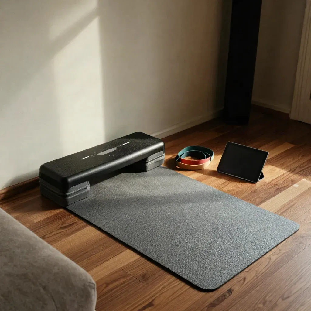 Rincón de entrenamiento en casa con esterilla, step, bandas y tablet sobre suelo de madera.